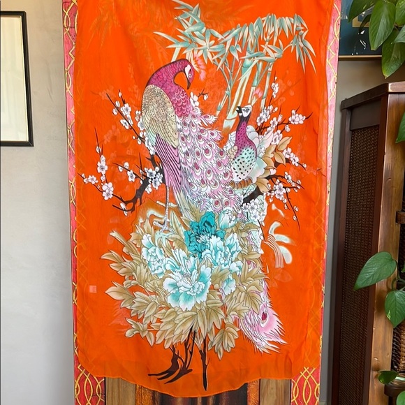 LIANG DIAN Silk Blend Scarf Orange Multicolor Floral OS - Picture 2 of 6